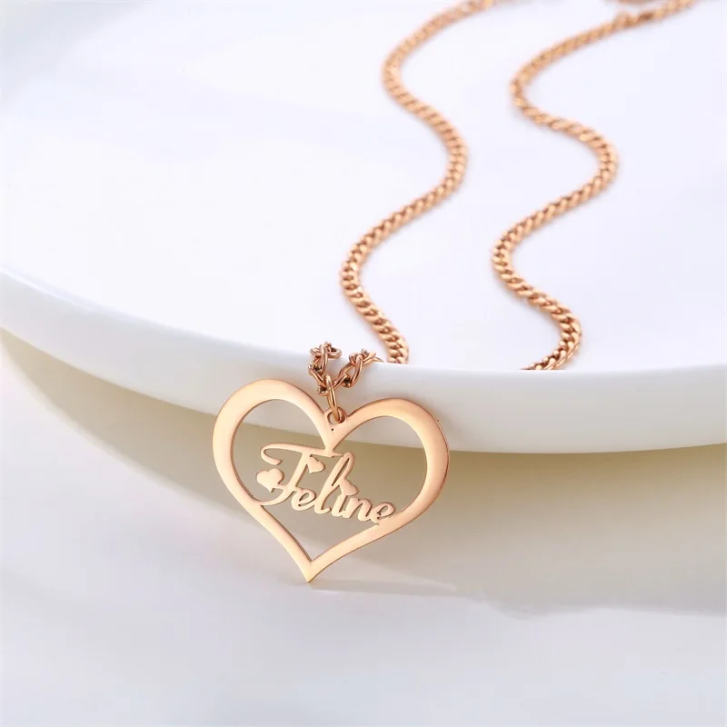Custom Name Necklace Stainless Steel Cuban Chain Choker Personalized Name With Heart Pendant Necklace For Women Birthday Gift