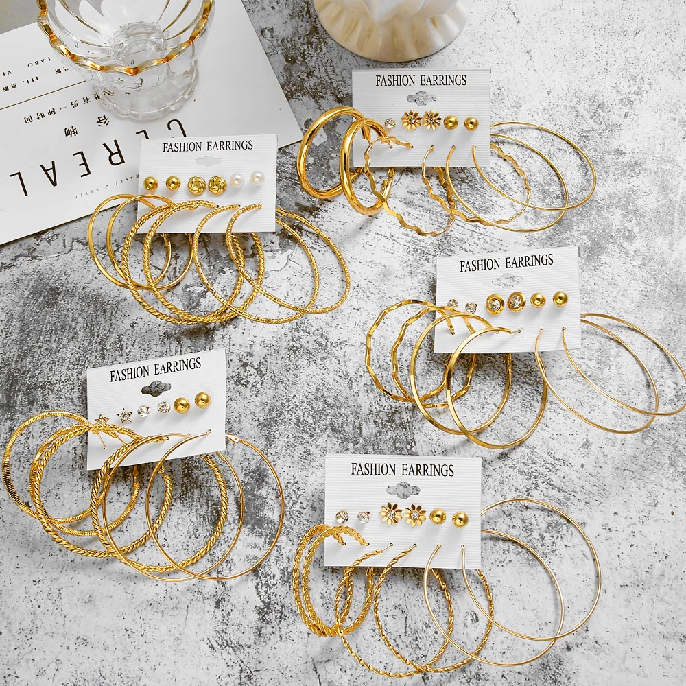 

6 Pairs Hoop Earrings Set Exaggerated Big Circle Earrings for Women 2022 Vintage Geometirc Metal Gold Color Drop Earing Jewelry