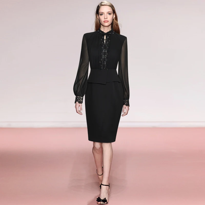 

Женское платье-карандаш с блестками, роскошное офисное платье с воротником-стойкой, рукавами-фонариками и вышивкой, 2022