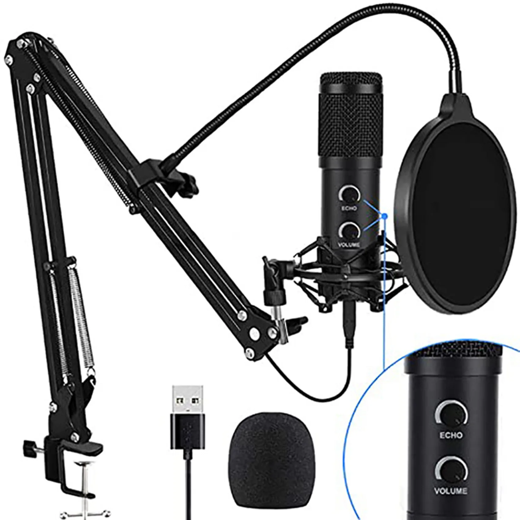 

BM838 USB Condenser Studio Microphone Set Vocal PC Recording Musical Microphone Set for Radio Braodcasting Mic Stand