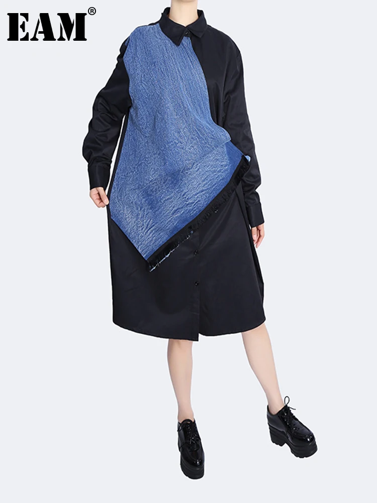 

Женское платье-рубашка EAM, черное джинсовое платье большого размера с отложным воротником и длинным рукавом, свободный крой, весна-осень 2022, ...