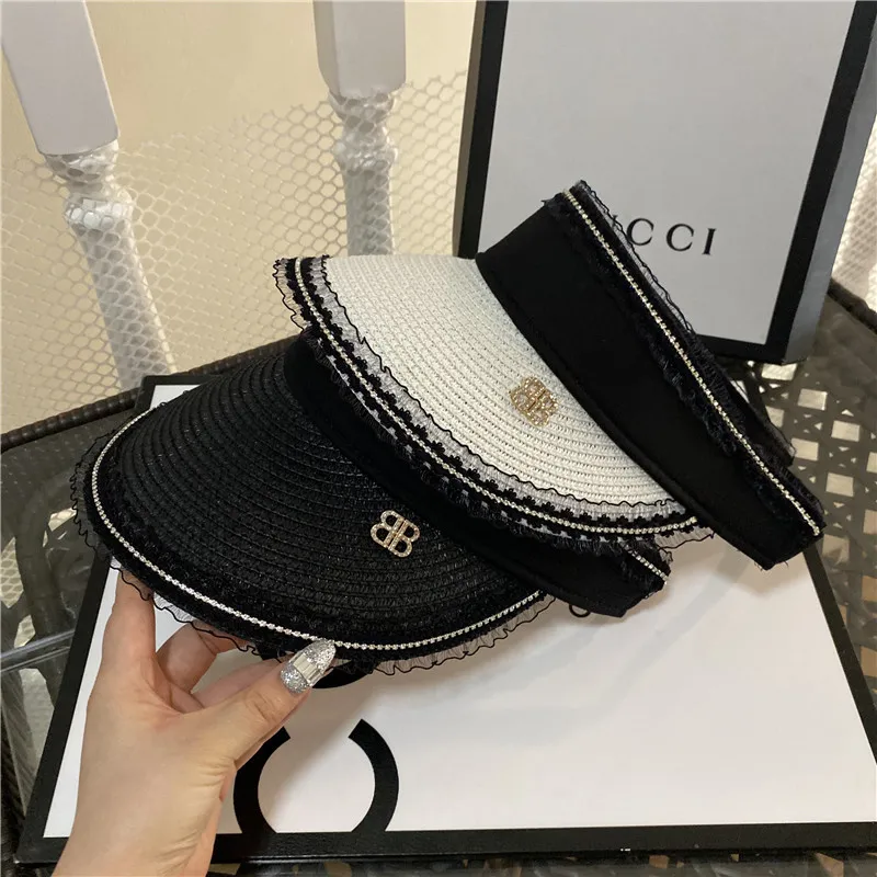 

Web Celebrity Socialite Wind Empty Straw Hat Children Sweet Bright Drill lace: No Top Cycling Sunshade Hat Fashion Elegant Art W