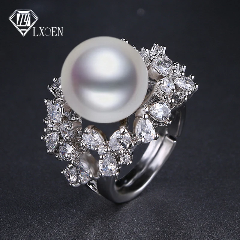 

LXOEN Fashion Big Imitation Pearl Ring With Bright CZ Stone Crystal Women Wedding Ring Boho Vintage Jewelery Bijoux Femme Marque