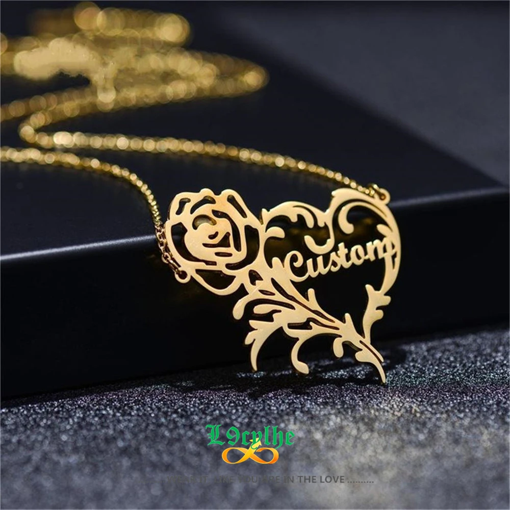 

Rose Flower Charm Personalized Name Necklace Bridesmaid Gift Stainless Steel Jewelry Custom Name Necklaces For Women