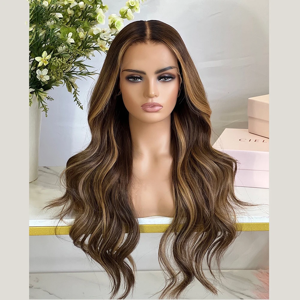 

Preplucked 26 inch 180Density Natural Hairline Highlight Blonde Long Body Wave Lace Front Wig for Women BabyHair Glueless Daily