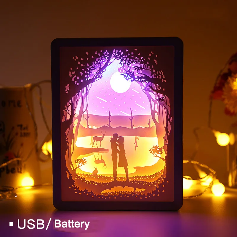 Light and shadow paper carving lamp 3D paper-cut overlay painting small night lamp Valentine's Day creative birthday gift