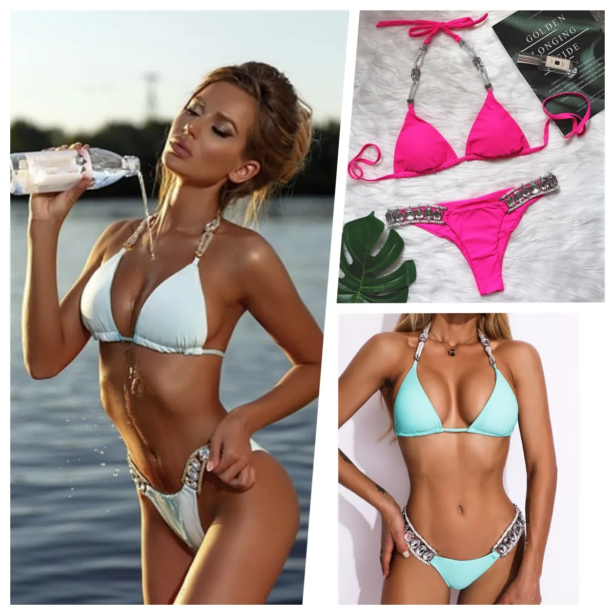 

Shiny diamond bikini 2023 Sexy push up halter swimsuit female crystal swimwear women Brazilian Biquini Bathing Suit New