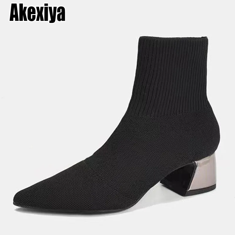 

Осенне-зимние женские вязаные эластичные ботинки-носки, ботинки с острым носком на массивном каблуке, черные модные ботильоны челси BC4899