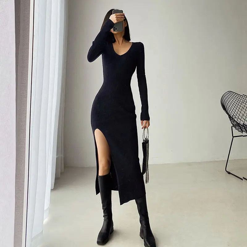 

Knitted Dress Women Sexy Slit Sweater Midi Dress Black Female Long Sleeve V Neck French Elegant Slim Elastic Robe Woman Clothes