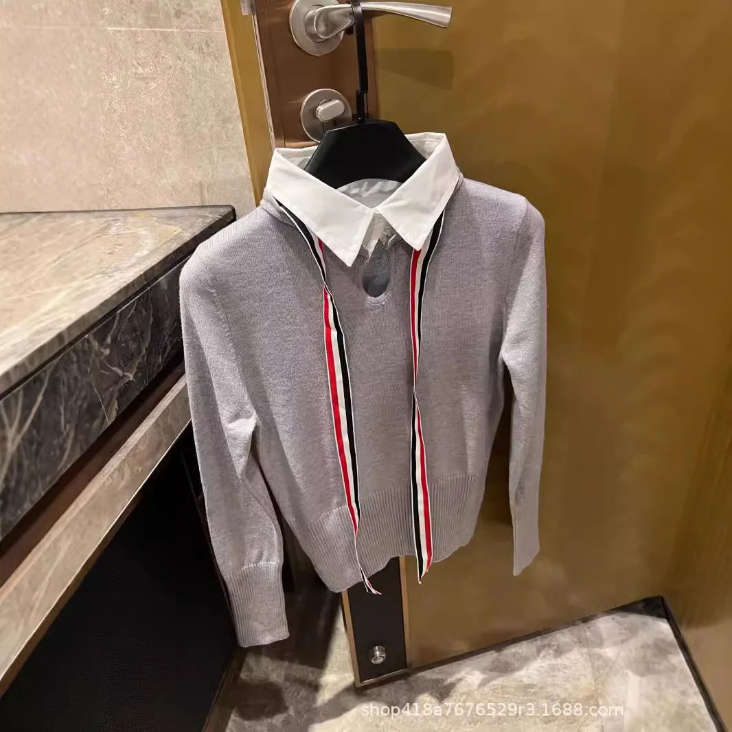 Осень 2024. Новинка! Женский двухсекционный вязаный свитер TB Fake с галстуком для