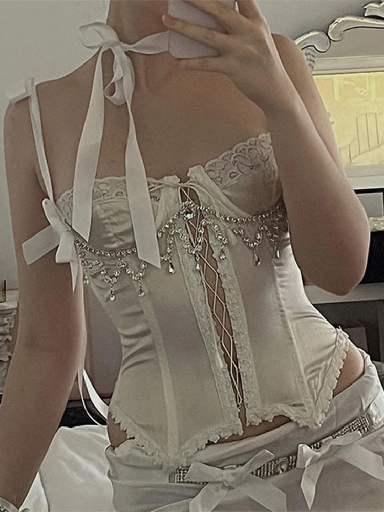 

SEASONS Fairycore Satin Bustier Top Women Elegant Aesthetic Corset Tank Tops Cute Sexy Outfits Summer Lace Up Clothing ASVE86613