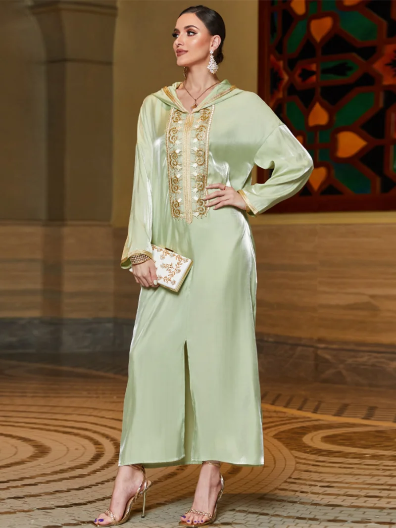 Floral Embroidery Lace Tape Hooded Dress Luxury Diamonds Solid Color Shiny Abaya For Women Dubai 2023 New in Dresses