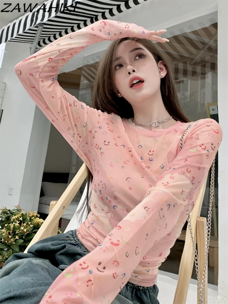 

Футболка женская с длинным рукавом и графическим принтом, Модная легкая приталенная рубашка с защитой от солнца, универсальная сорочка с круглым вырезом, на лето