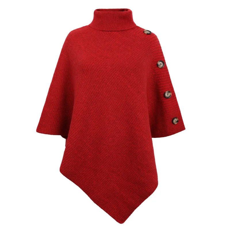 Fashion Autumn Winter Button Poncho Women Sweater Oversized Turtleneck Jumper Knitwear Holiday Vintage Cape  Sleeve Red Cloak