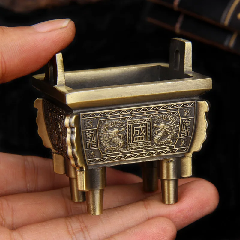 Vintage Double Dragon Prayer Treasure quadripod Figurine Statue Sculpture Buddha Longding censer Ornaments Home Decoration |