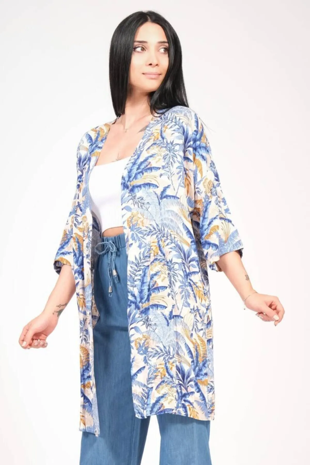 

Women's Kimono Tropical Pattern Kimono Blue Fashion Bathrobe For Ladies Fashion Robe Robe Dressing Gown For Women