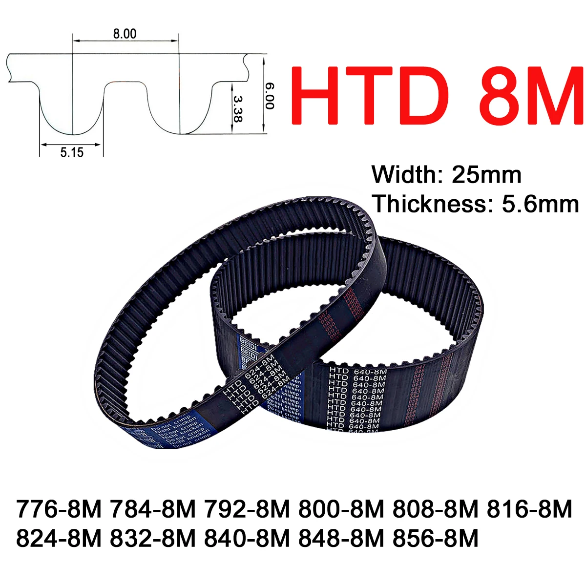 

1Pc Width 25mm 8M Rubber Arc Tooth Timing Belt Pitch Length 776 784 792 800 808 816 824 832 840 848 856mm Synchronous Belt