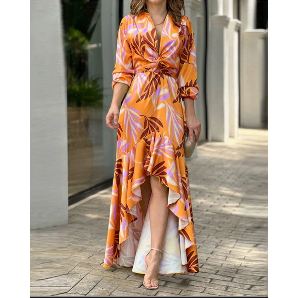 2023 Autumn Spring Women Leaf Print Twist Maxi Dress Fashion Femme Long Sleeve V-neck Casual Dress Lady Hem Ruffles Robe Clothin