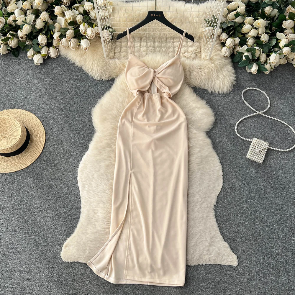 

Платье Foamlina женское с V-образным вырезом, пикантное однотонное длинное платье без рукавов, с открытой спиной, разрезом и завышенной талией, лето