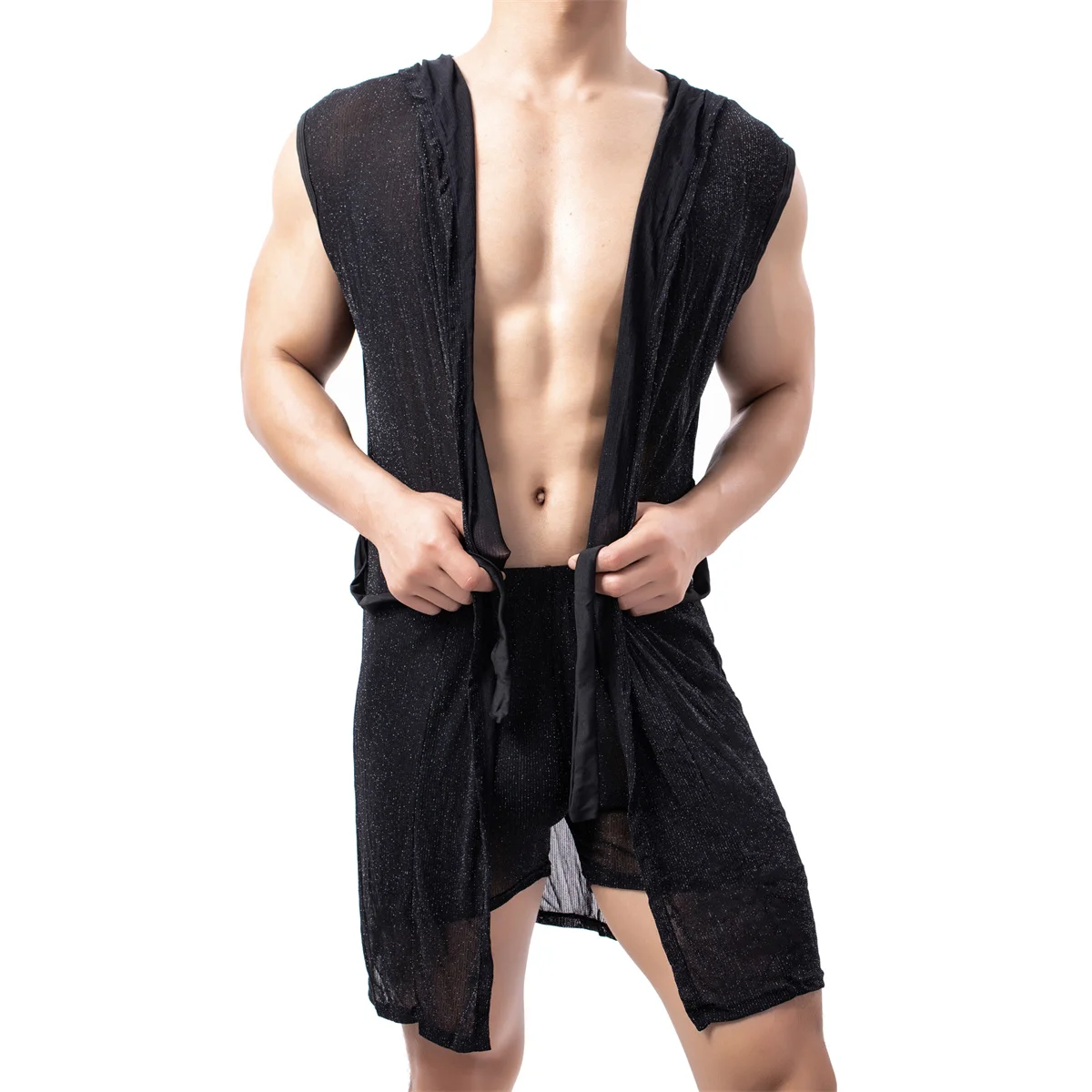 Mens Robes Hooded Summer Bathrobe Male Sleeveless Bath Robe Sexy Mens Dressing Gown Bathrobes Nightgowns Pijama Hombre Sleepwear
