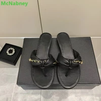 flip flop metal chain solid slippers 2022 new flat with round toe sandals leather handmade comfortable outside fashion shoes