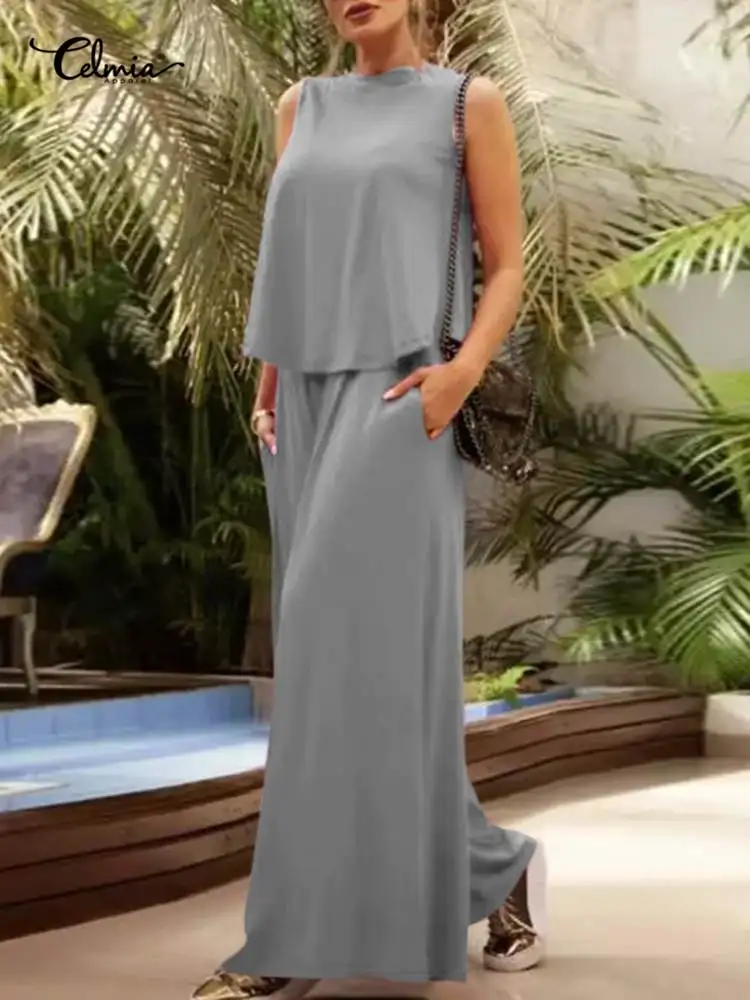 

Модные женские комплекты Celmia 2022, летний трикотажный однотонный комплект из 2 предметов, короткий топ с круглым вырезом и длинные брюки с эла...