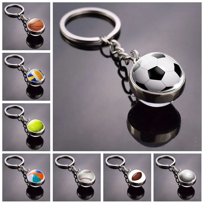 Football Keychain For Men Double Side Glass Ball Keyring Basketball volleyball baseball Tennis Pendant Sport Lovers Souvenirs