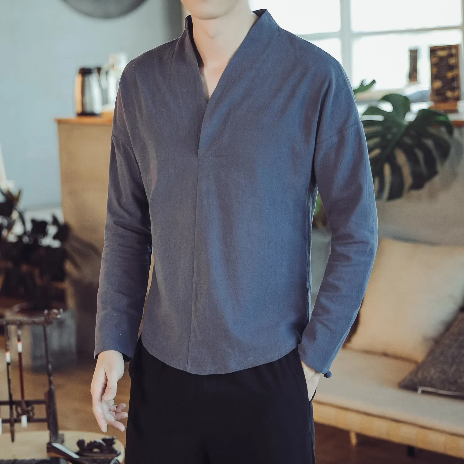 Футболка мужская с длинным рукавом хлопок и лен базовый слой верхняя одежда в