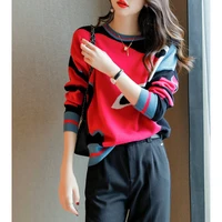 2022 spring autumn new sweaters pullovers fashion wild lazy loose color matching knitted bottomed jumper female long sleeve tops