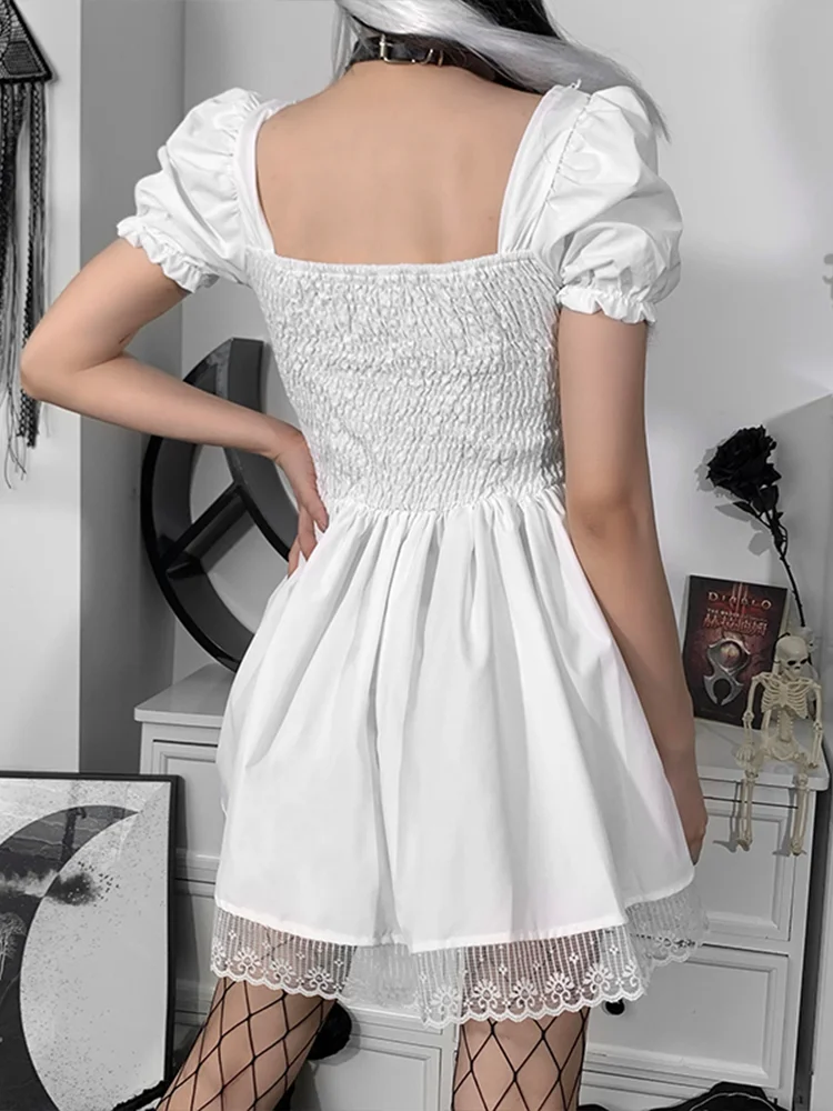 InsGoth Gothic Lolita Black Dress Goth Aesthetic Puff Sleeve High Waist Mini Dress Vintage Lace Trim Bandage Corset Party Dress