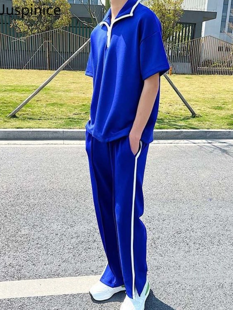 

Juspinice Blue T-shirt + Casual Pants Two-piece Men's Personality Drape Loose Sports Suit Summer Matching Set Men's Clothing Y2k