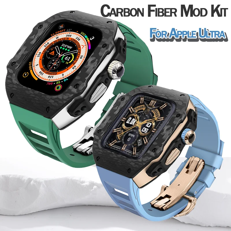 Carbon Fiber Luxury Case for Apple Watch Band 45mm Series 8 7 Stainless Steel for Iwatch Series 6 5 4 SE 44MM Modification Kit