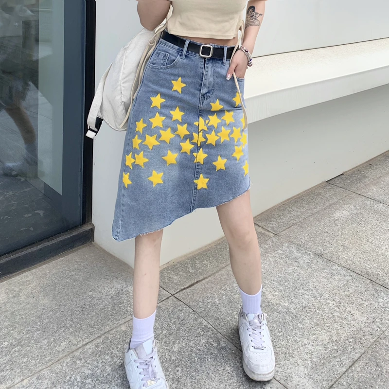 

Teenage Girls High Waisted Jean Skirt for Summer Korean Fashion Trends Print Streetwear Womens Asymmetrical Design Denim Clothes