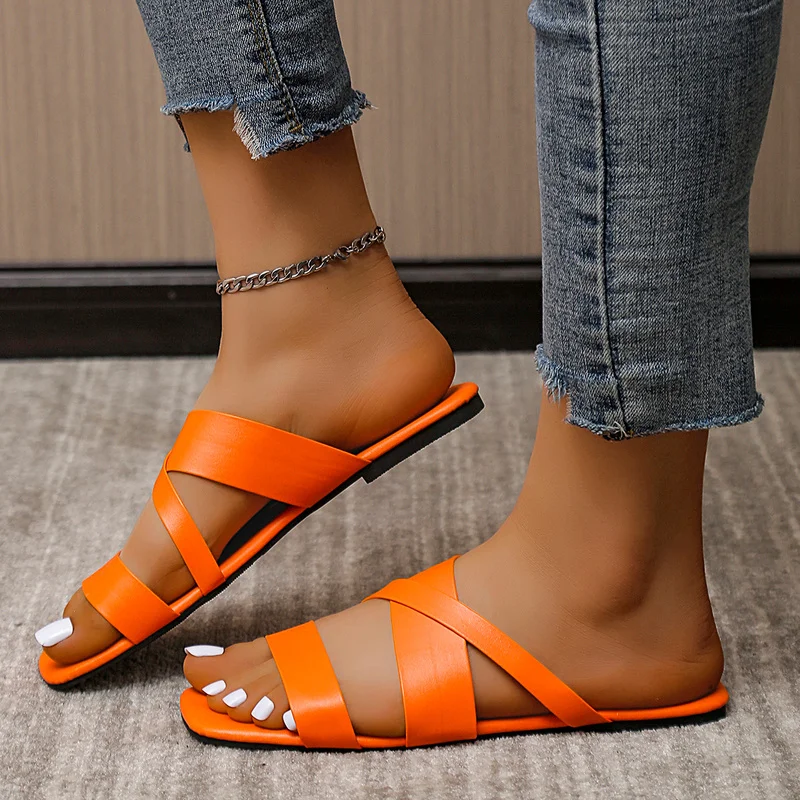 

Summer Casual Beach Slides Outside Flat SquareToe Women Slippers