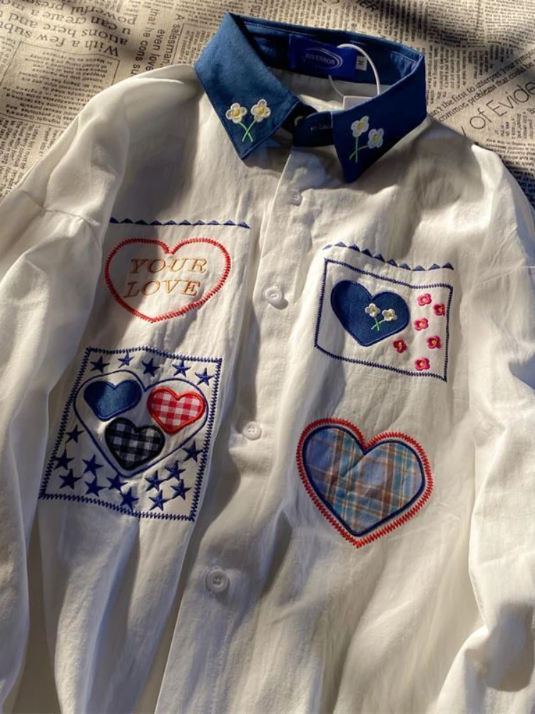 

2022 Spring Autumn Shirt for Women New Retro Korean Grunge Embroidered Shirt Women's All-match Niche Casual Couple Cartoon Wear