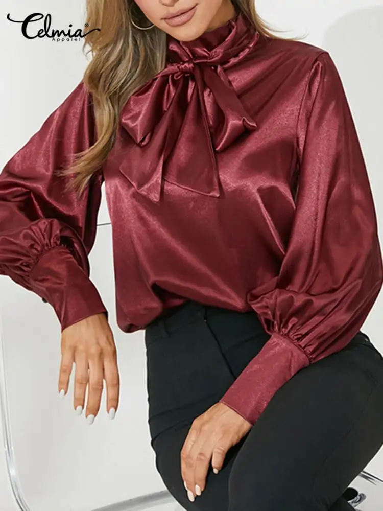 

Women's Lantern Sleeve Shirts Celmia Office Lady Elegant Satin Blouses Bow Tie Neck Fashion Tunic Tops Glossy Blusas Femininas