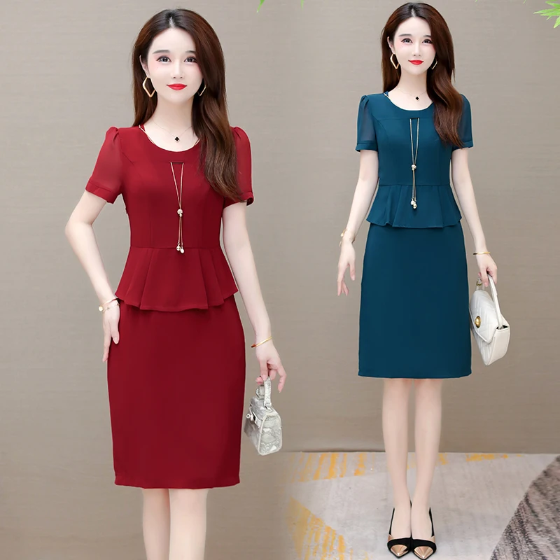 Женское платье с оборками, элегантное офисное платье средней длины до колен для работы вечерние, лето 2022