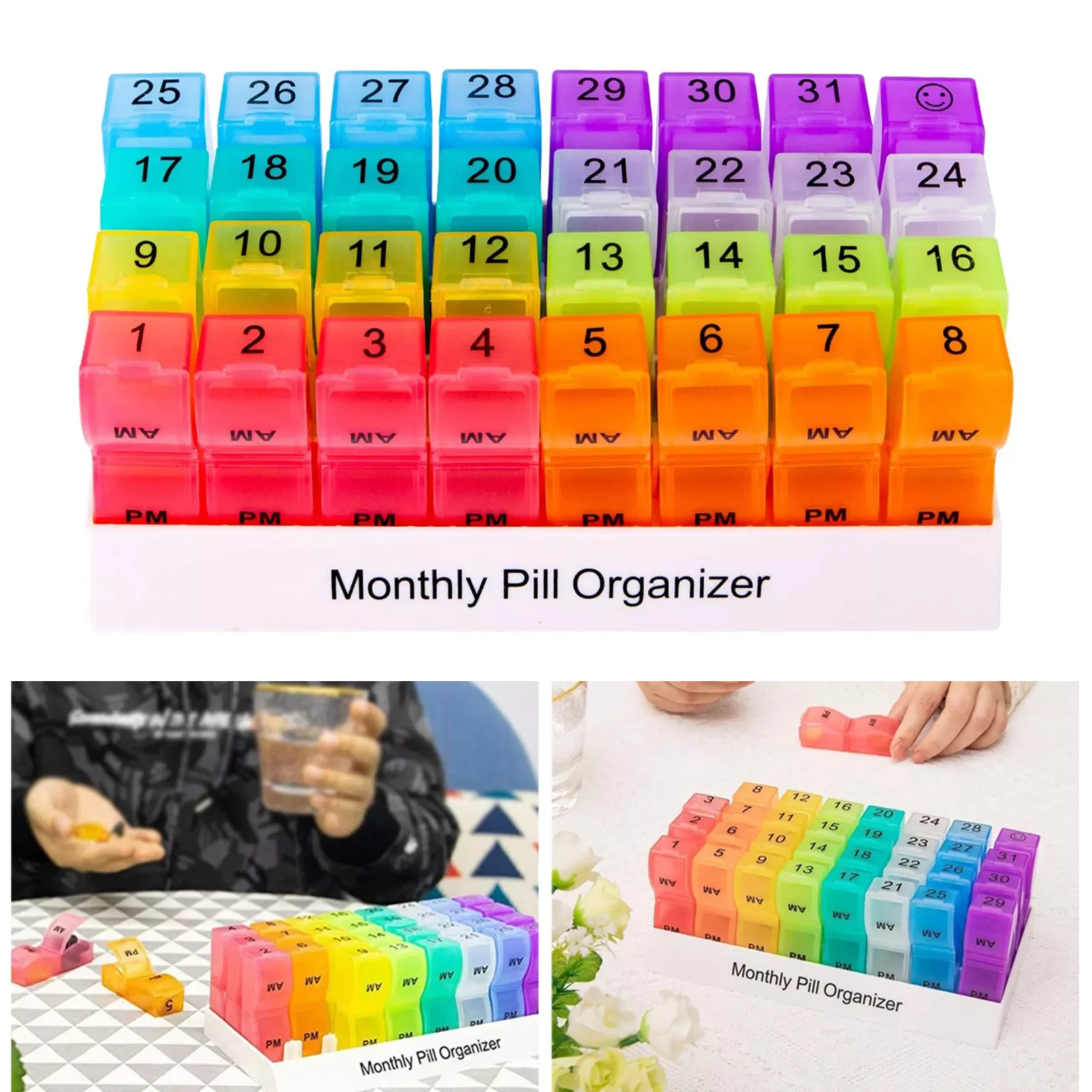 

Monthly Pill Organizer 32 Compartments Dispenser Box Container Large Compartments Colorful Tablet Organiser