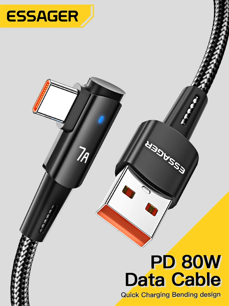 

Essager 7a Mobile Elbow Design Charger Data Wire 100w Fast Charging Fast Charing Cord Aluminum Alloy Shell Type C Cable Angled