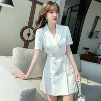 white turn down collar short sleeve office lady dress summer slim belt button mini dresses sexy slit ruffle pleated korean dress