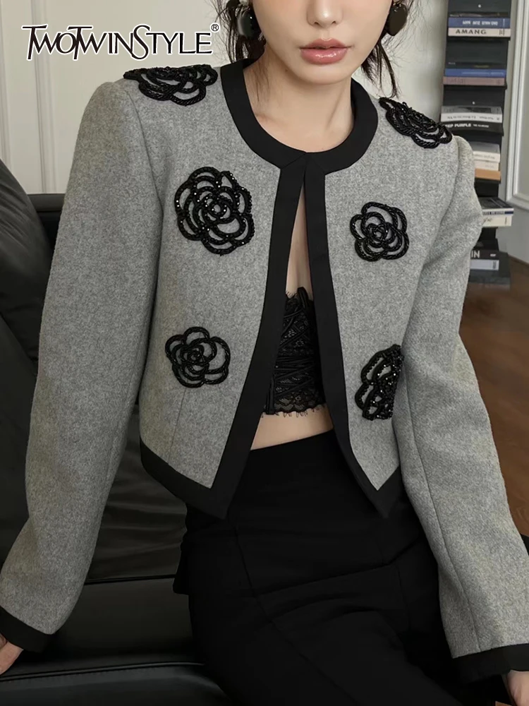 

TWOTWINSTYLE Patchwork Floral Temperament Jackets For Women Round Neck Long Sleeve Elegant Jacket Female Fashion Clothing 2023