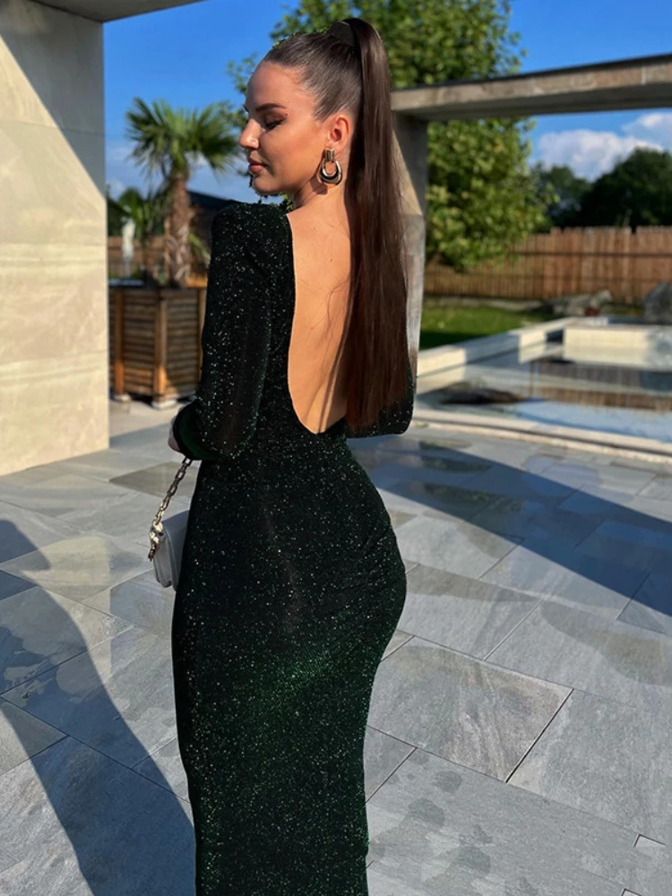 

Sexy Dress for Women Backless Prom Gown Sling One Word Neckline Dress Slim Fit Reflective Dress for Women Party Wedding Evening