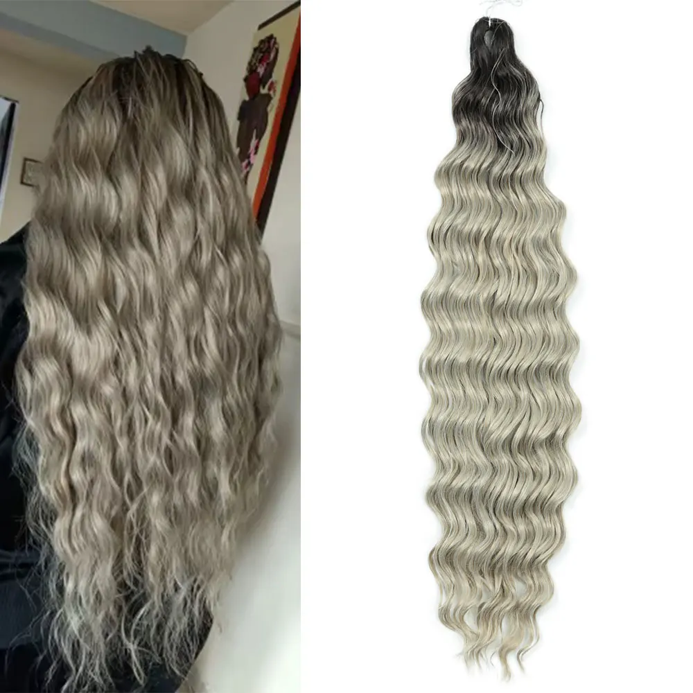 Фото Синтетические волосы Anna Hair 24 дюйма для плетения косичек, глубокая волна, эффект водной волны, омбре блонд, кудрявые волосы для крючкового плетения №1