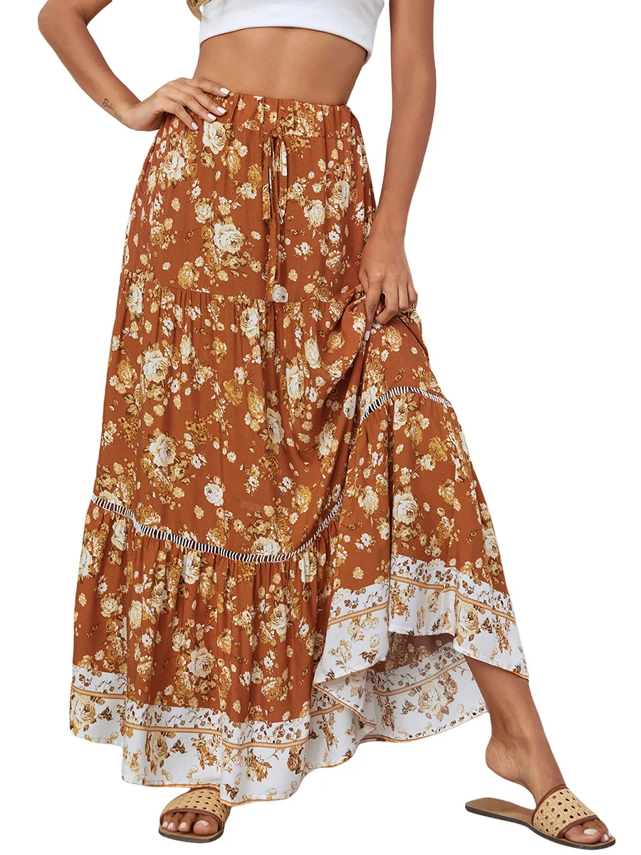 

Caoirhny Women Floral Pattern Skirt Bohemian Style Elastic High Waist Party Beach Dress Boho Style Garment