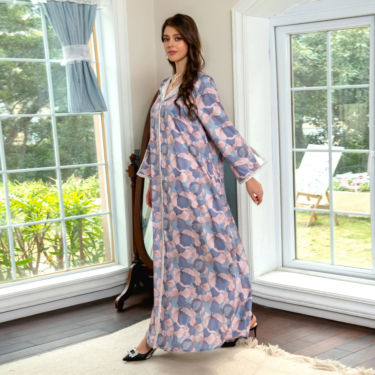 Abaya Dubai Muslim Dress Women Floral Print Islam Moroccan Caftan Lined Arab Jalabiya Middle East Robe