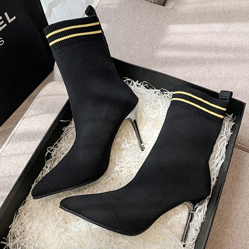 

Women Knitting High Heels Sock Boots 2022 New Brand Designer Chelsea Ankle Boots Winter Shoes Sexy Non-slip Femme Snow Bottines
