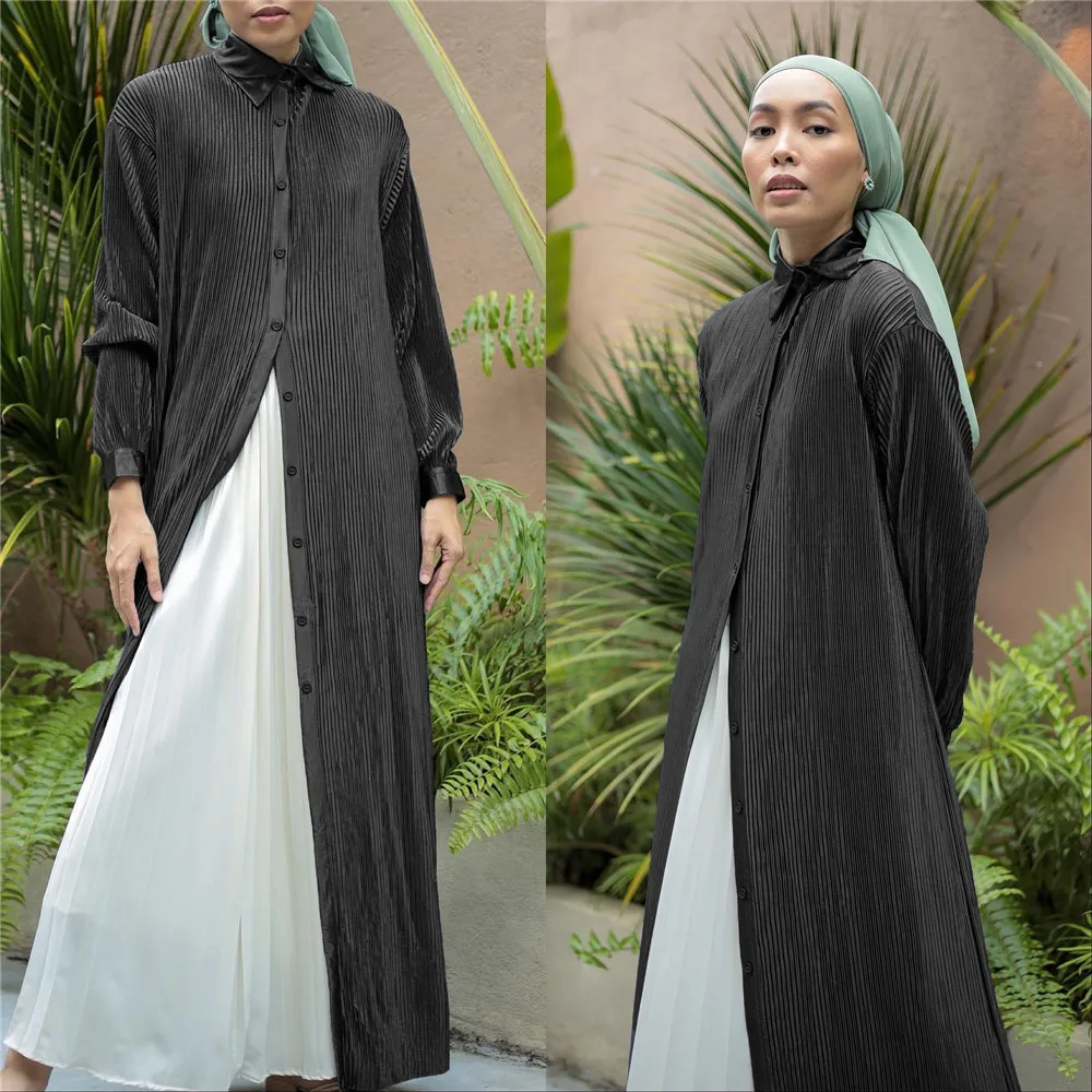 

Dubai Casual Abaya Muslim Pleated Long Dress For Women Single Breast Kimono Arabic Malaysia Middle East Islamic Outfits Ramadan