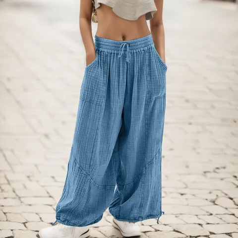 Брюки-султанки женские с эластичным поясом, повседневные винтажные хлопково-льняные штаны с широкими штанинами, в стиле ретро, с карманами, модель 2023 на лето