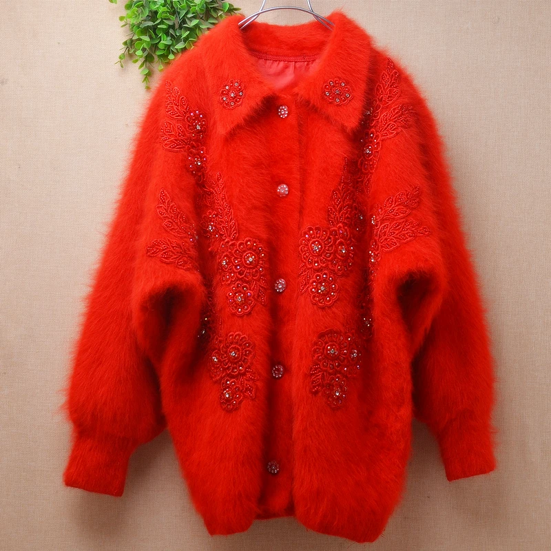 

Ladies Women Fall Winter Vintage Embroidery Beading Hairy Angora Rabbit Hair Long Batwing Sleeves Loose Pullover Sweater Pull