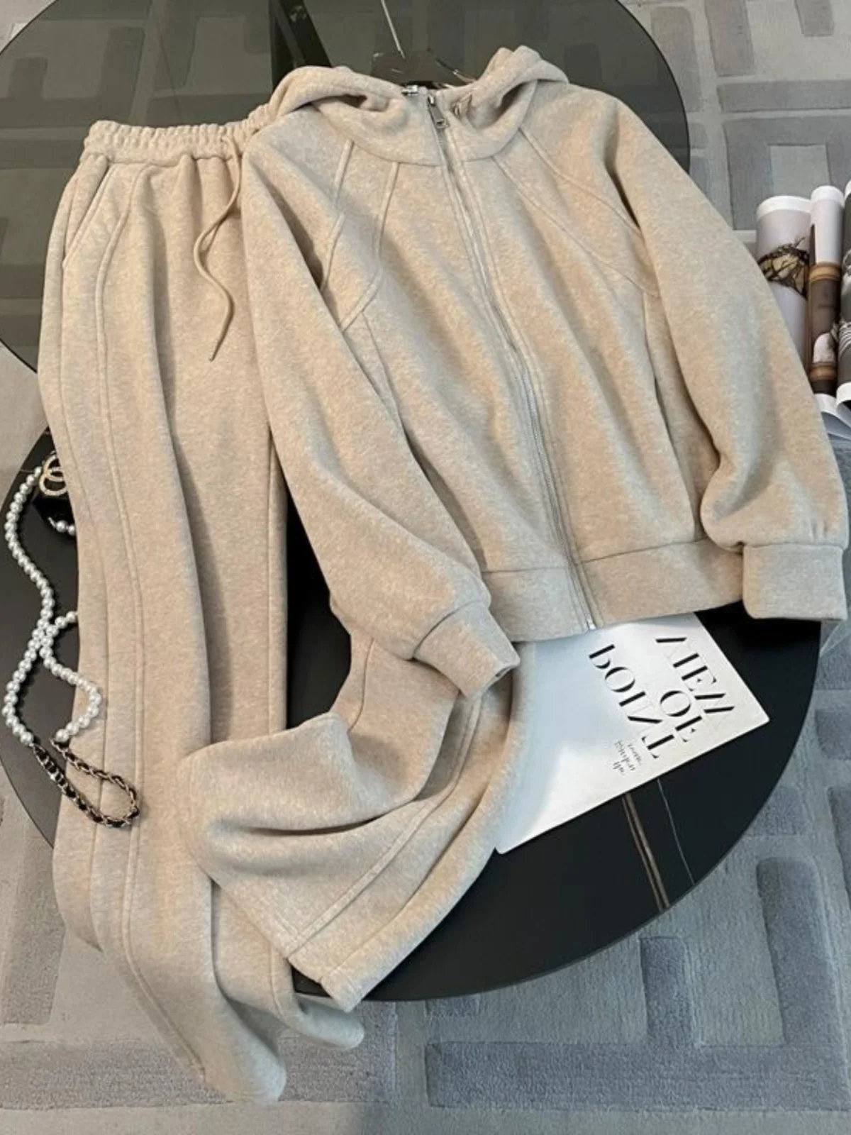 Outlets Counter Leak-Picking Foreign Trade European Goods Hoodie Pants set Women Autumn and Winter Western Sle Fleece-lined...